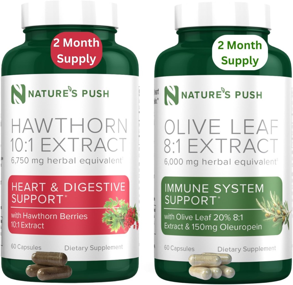 Narava Push Hawthorn Berry in Olive Leaf paket Super Potent 10:1 Hawthorn Berry Extract (2 mesec dobave) in Olive Leaf Super Potent 8:1 Extract 20% Oleuropein 750mg kapsula (2 mesec dobave)