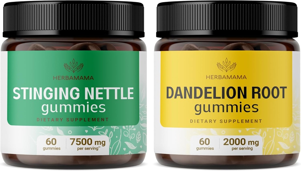 HERBAMA Sting Nettle in Dandelion Kit - paket 7500 mg Sting Nettle Root & 2000 mg Dandelion Root Gumies - Vegan, Non-GMO, želatina-free - 2 paket