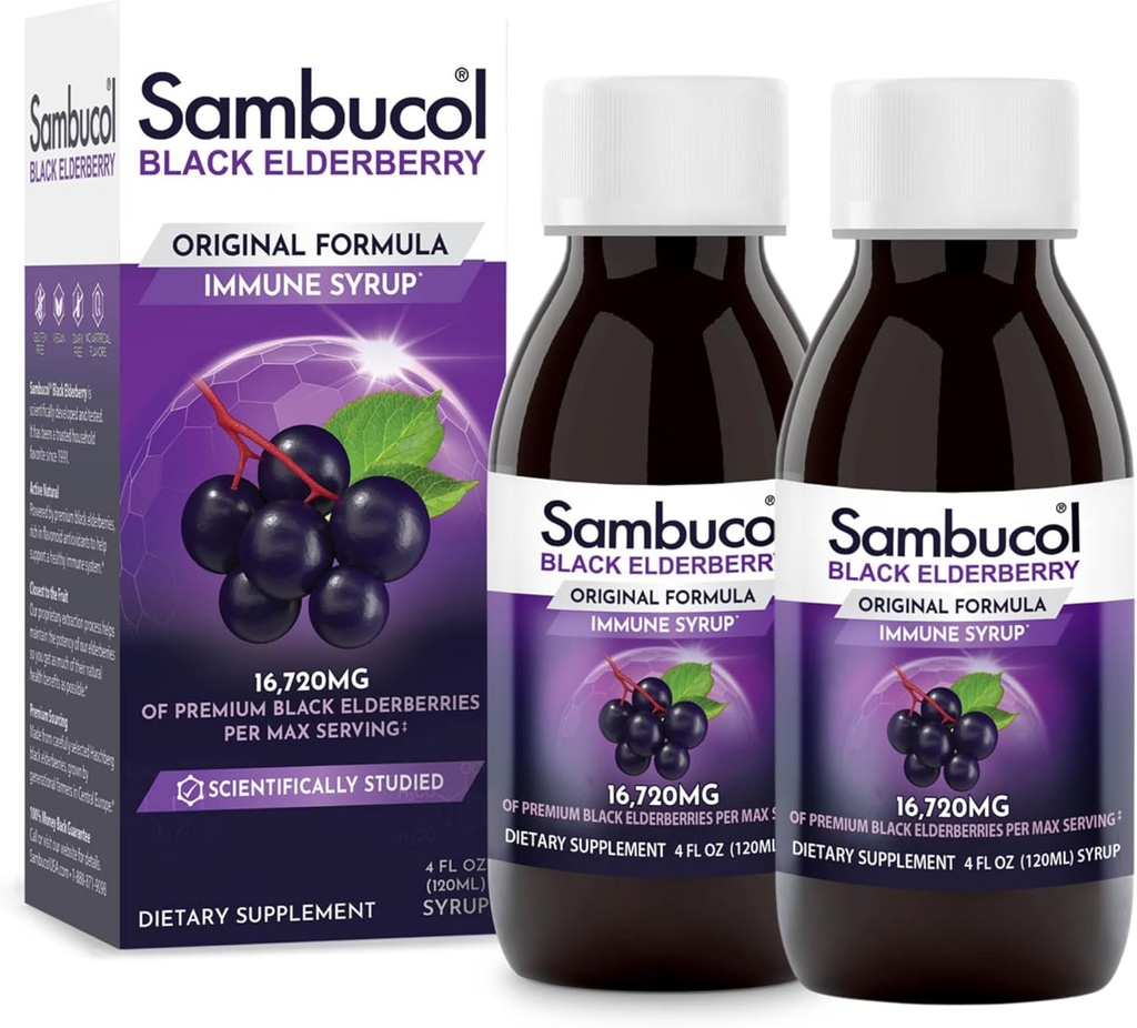 Sambucol Black Elderberry Syrup - Sambucus Elderberry Syrup, Black Elderberry Liquid, Imunska podpora za otroke in odrasle, Visoki antioksidanti, Gluten Free - Original Formula, 4 Fl Oz, 2-Pack