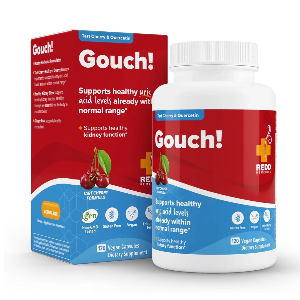 Redd Remedies, Gouch!, Dodatna podpora za sklepe in ravni sečne kisline, spodbuja zdravo vneto odzivanje, Tart Cherry & Quercetin, 120 Veganske kapsule