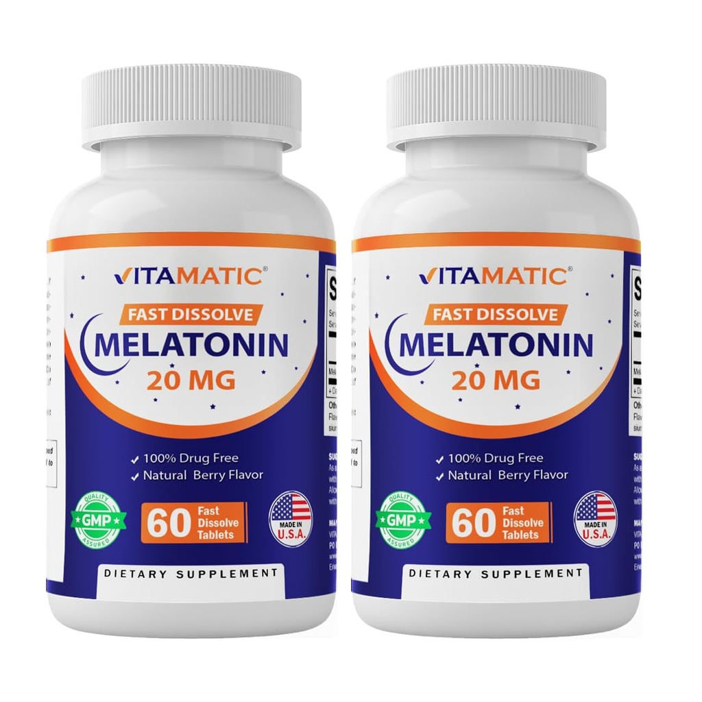 Vitamatska 2-Pack visoka jakost melatonin 20 mg – 60 hitro raztapljanje tablete skupaj hitro delujoča podpora za spanje – naravna jagodičja aroma 