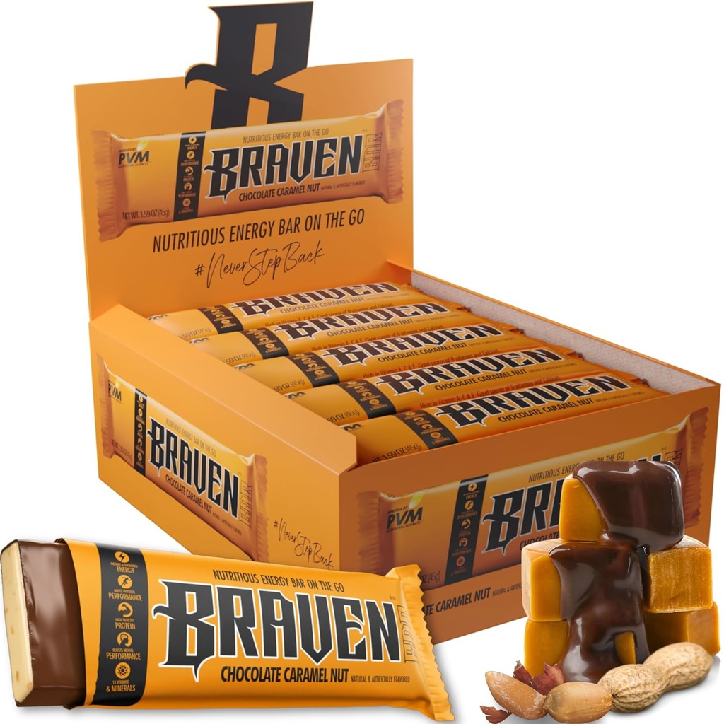 Braven Bar Čokolada Karamel Nut Energy Bars (1.59 oz, paket 20) – Energijski žveči s 5g proteini – On-the-Go Energy Prigrizki za tek, pohodništvo in šport - Gluten brezplačni prigrizki za trajno energijo Boost