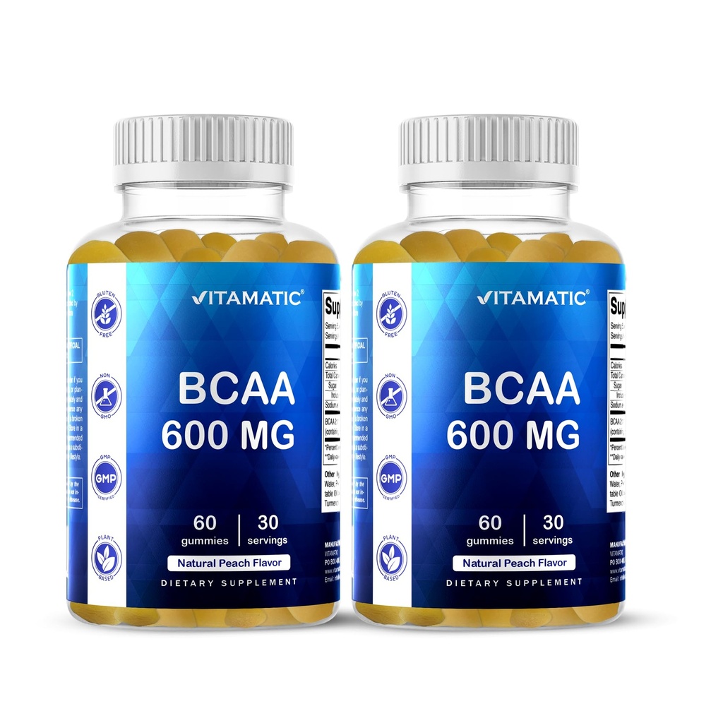 Vitamatska BCAA Gumies - Vejevna veriga Aminokisline dopolnila - Breskova aroma - 600mg na serviranje - 60 veganskih gumijev na osnovi pektina (2 steklenici)