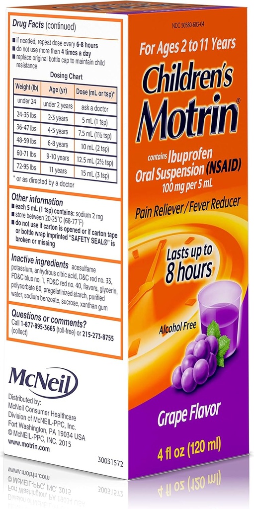 Motrin Otroška peroralna suspenzija grozdna aroma - 4 oz, pakiranje po 4