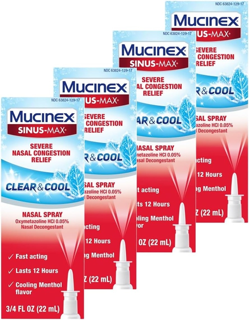 Mucinex Nazal Dekongestiv Spray, Sinus-Max Huda Nasal Congestion Relief Clear & Cool Nasal Spray, Traja 12 ur, Hitro igranje, Hladilno Mentol Flavor, Pakiranje maj Vary, 0,75 Fl Oz (Pack of 4)