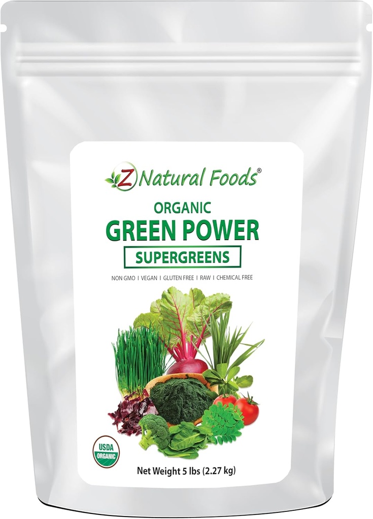 Z Natural Foods Organic Greens Superfood Powder - Ječmen trava, pšenična trava, Spirulina, Spirulina, Špinača, Brokoli, Alfijev list, koren sladkorne pese, paradižnik, Dulse & Moringa - Raw Vegan Gluten Free - 5lbs