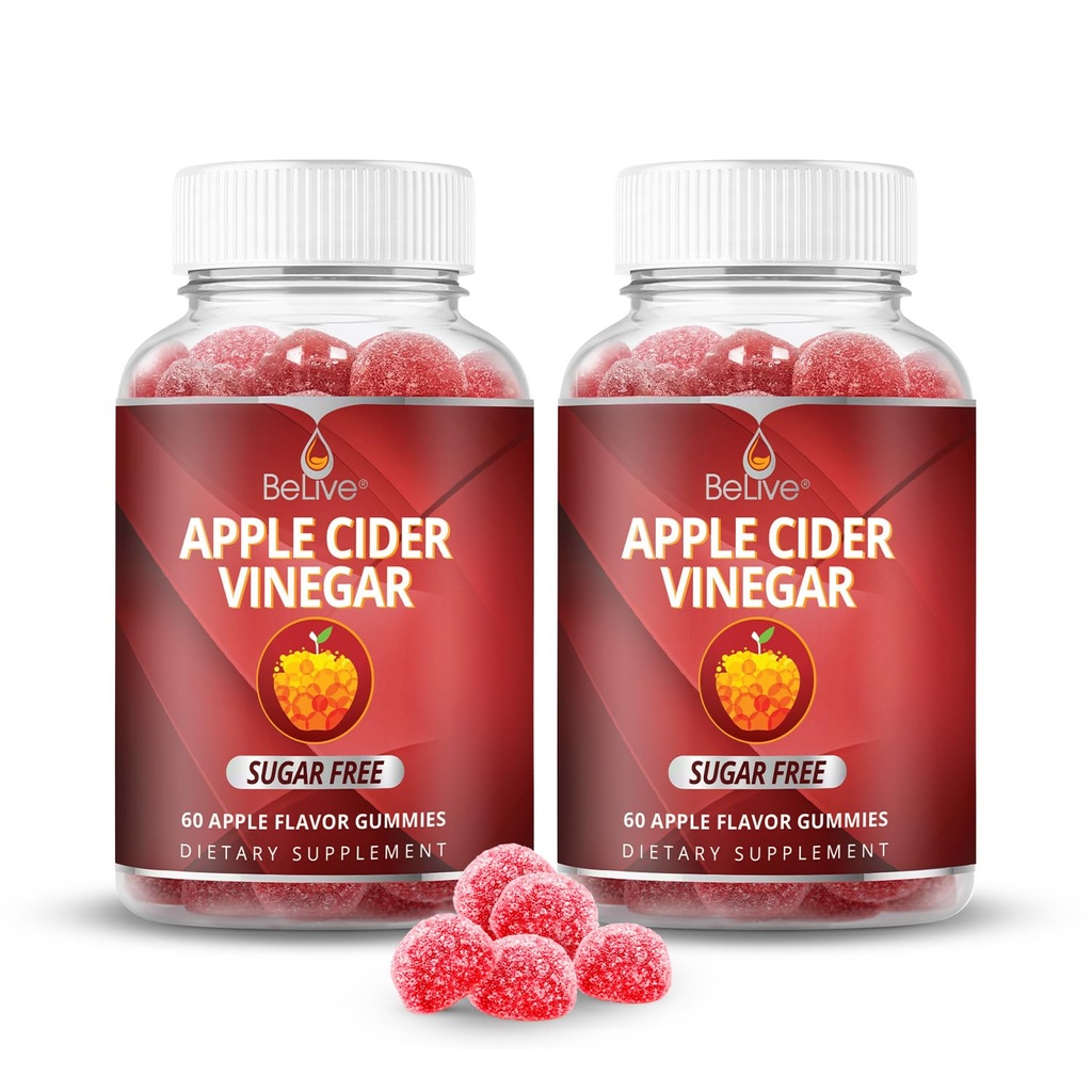 BeLive Apple Cider kislega sladkorja brez žvečilnih gumijev – odlična za prebavo in zdravo dieto – brez glutena, brez glukoze Sirup, ACV Gumies Alternativno za kapsule in pijačo (120 Ct) – 2 pakiranji