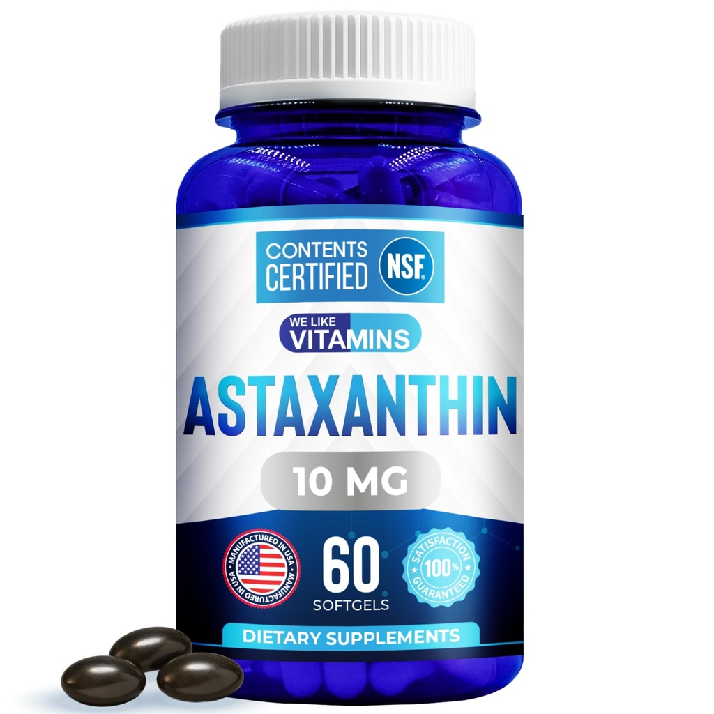 Mi všeč vitamini Astaksantin 10mg Softgel - Zelo močan Astaksantin dopolnila iz Haematococcus Pluvialis - Izboljša oči, skupno, zdravje kože in energijske ravni - 60 Število, 2 Mesec dobave