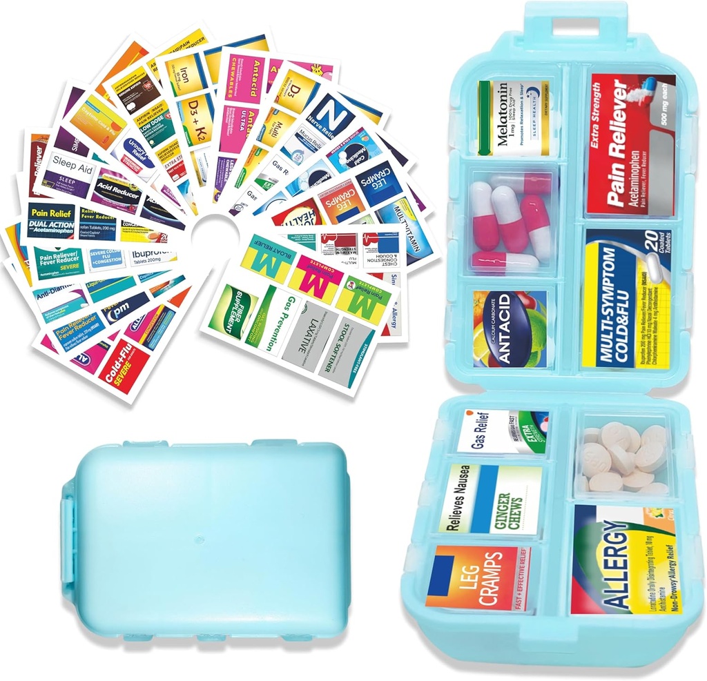Organizator tablete z medicinskimi nalepkami 146 Nalepke Travel Daily Pill Container Mini Medication Organizator Shranjevanje tablete Organizator Travel Essentials Pill Primer 7 Day (modra, 1 Pack(Velika))
