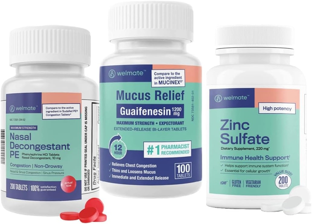 WELMATE Ultimate Cold & Alergy Relief Bunded: Največja moč Guaifensin 1200 Mg Mucus Relief (100 tablet), Phylephrine HCl 10 mg Nazal Dekongestiv (200 tablet) & cinkov sulfat 220 mg