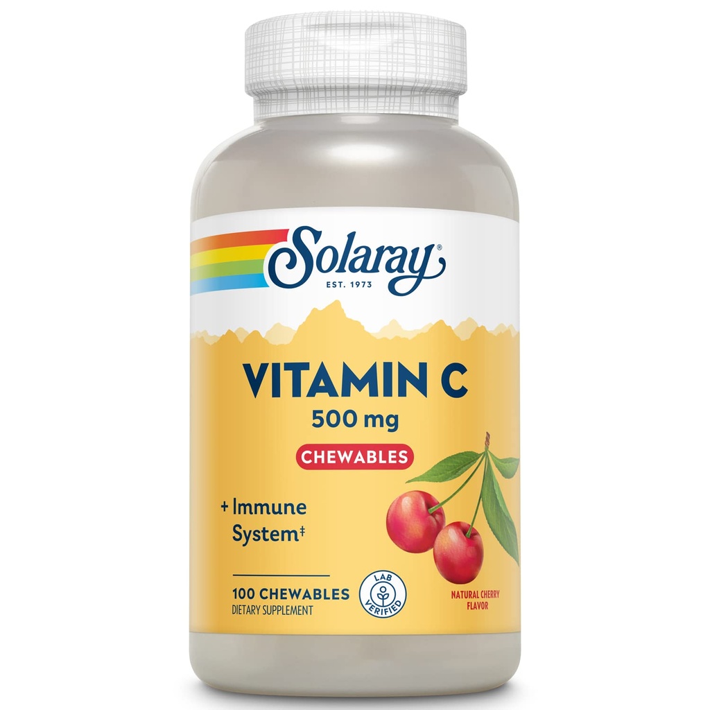 Solaray žvečljivi vitamin C 500 mg, naravna češnjeva aroma z naravnimi sladili, antioksidant in imunske podpore dodatek s celotno živilsko osnovo, 60-dnevna garancija, 100 Serving, 100 žvečilni