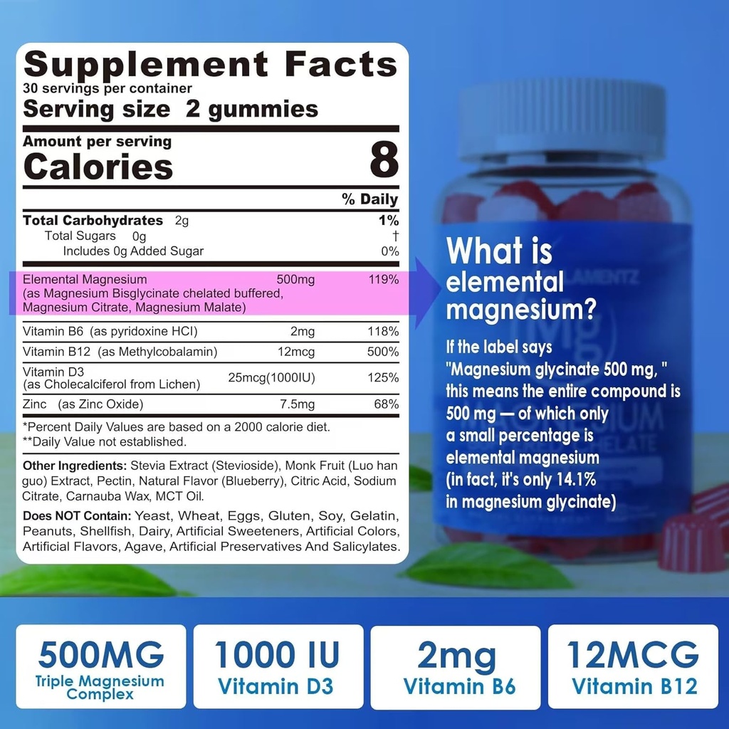 Magnezijev dodatek 500mg, Magnezijev kompleks Gumies w/magnezijev glicinat, Malat, Citrat, D3, B6, B12 za spanje, Migrena Relief, mišice in kosti, Ultimate Absorpcija Magnezijev dodatek, 2 Pakiranje