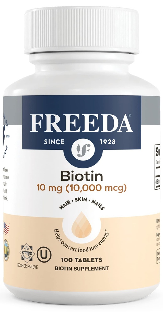 FreeDA Biotin 10.000 mcg – Košir las, kože in nohti dodatek – Visoka stopnja B7 za rast las in močne nohte – Veganske tablete z D- Biotin – 100 Majhne tablete