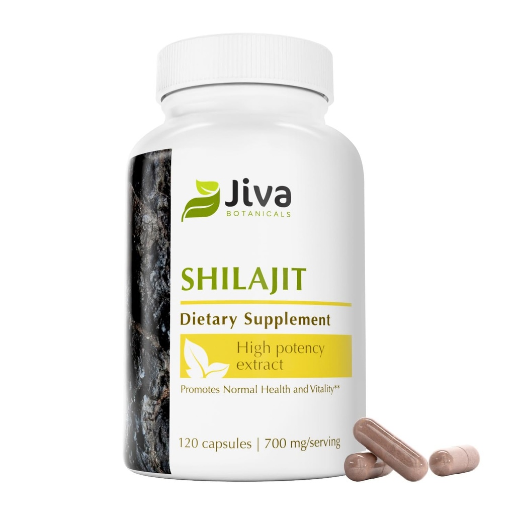 Jiva Botanicals Premium Shilajit Supplement 700 mg - Shilajit kapsule Extract z minerali, Fulvic/Humic kislina za imuno podporo in nomalno prebavno zdravje - 120 Veganska kapsula (paket po 1)