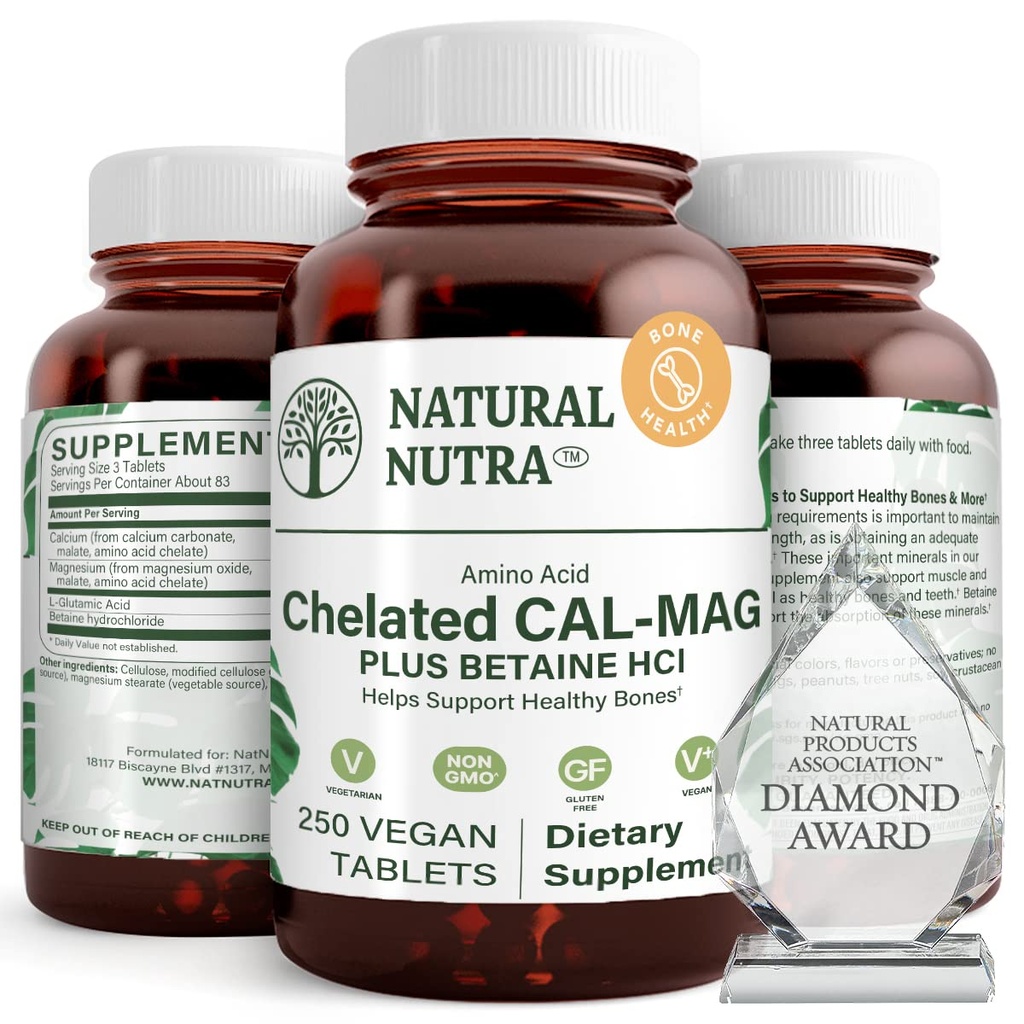 Naravni nutra kalcij kalcij 1000/500 mg dodatki Plus betain HCL - kelirani kal Mag izboljša gostoto kosti, podpira mišice, zobe, kardiovaskularno in živčno zdravje, 250 veganske tablete