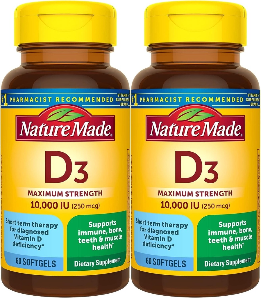 Nature Made Maximum Strength Vitamin D3 10000 IU (250 mcg), Dietary Supplement for Bone, Teeth, Muscle and Immune Health Support, 60 Softgels, 60 Day Supply - Pack of 2