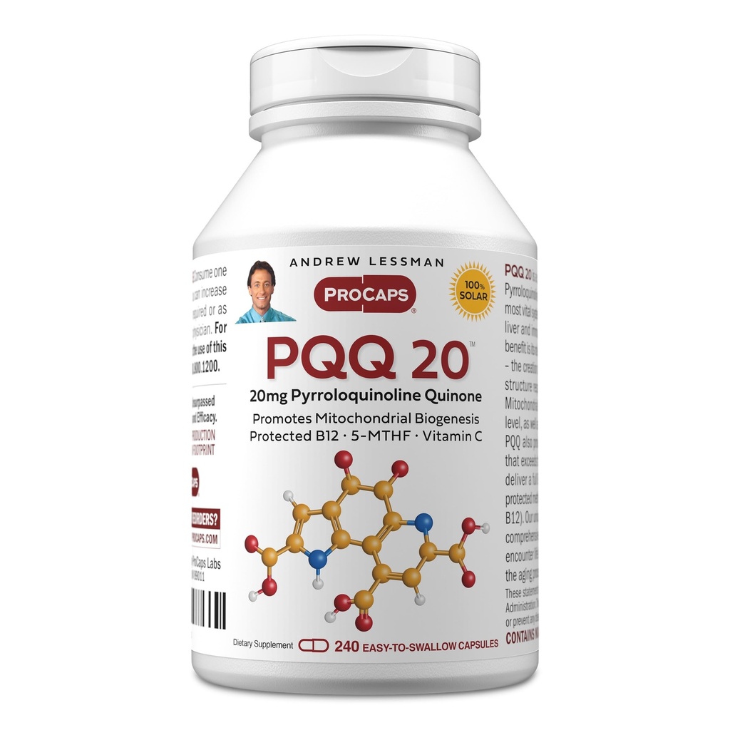 ANDREW LESSMAN PQQ 20mg - 240 kapsul - 20mg pirolokinolin kinon, naravna zaščitna spojina podpira vitalne organe, srce, možgane, jetra, imunski sistem. Mitohondrijska biogeneza, brez dodatkov