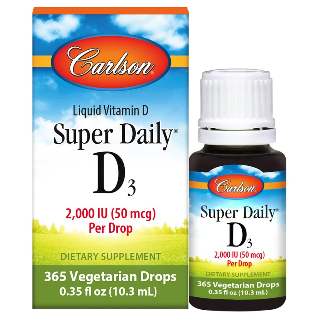 Carlson - Super Daily D3, kapljice vitamina D, 2.000 i.e. na kapljico, 1-letna zaloga, vitamin D3 Tekoča, zdravje srca in imunskega sistema, vegetarijanske, kapljice tekočega vitamina D, nearomatične, 365 kapljic