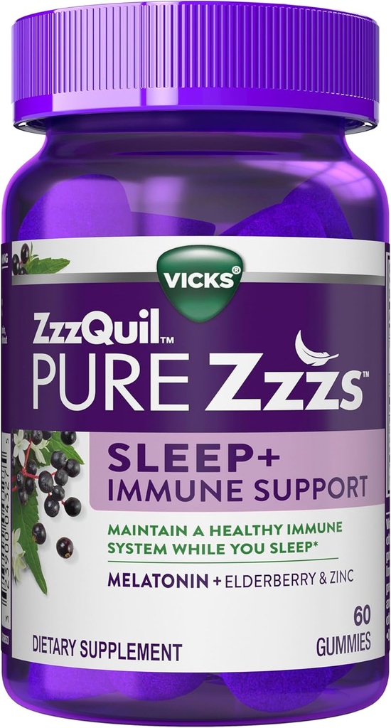 ZzzQuil Pure Zzzs Sleep + Imunska podpora Melatonin Sleep Aid Gummies with Elderberry, Cink, Kamilica, Sivka, & Valerian Root, 1mg na Gummy, 60 ct