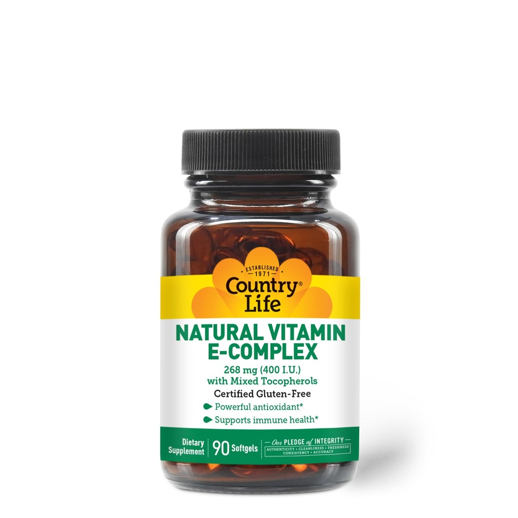 Country Life Vitamin E-Complex 400 i.e. – Naravni mešani tokoferoli – Antioksidant in imunske podpore – Spodbuja zdravje kože in bori oksidativni stres – Certified Gluten-free – 90 Softgels