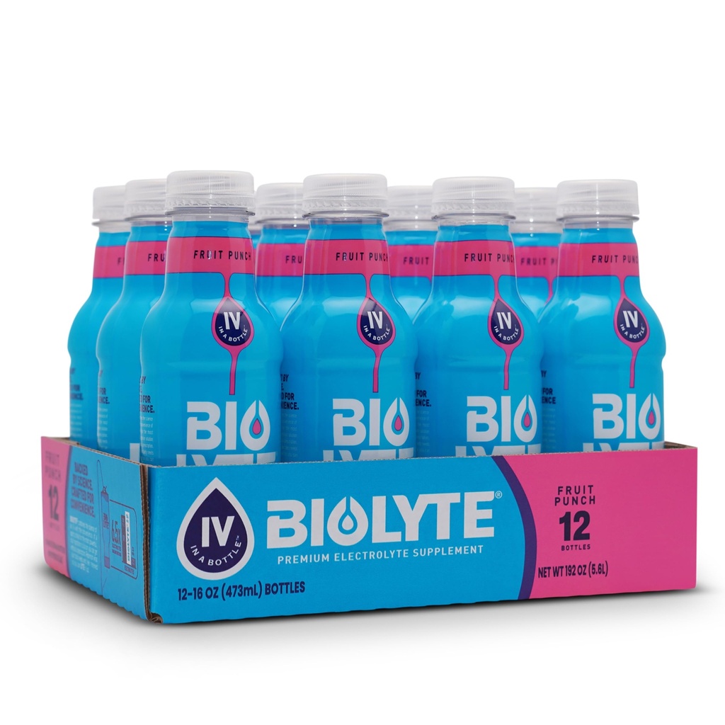 BIOLYTE Elektrolitski napitek - Dr- Formulirana Hidracijska pijača, Elektrolitska voda, Kemoterapija mora imeti za ženske in moške, Rehidracija IV Tekoča v steklenici - Sadni Punch, 16 Fl Oz (12 Pack)