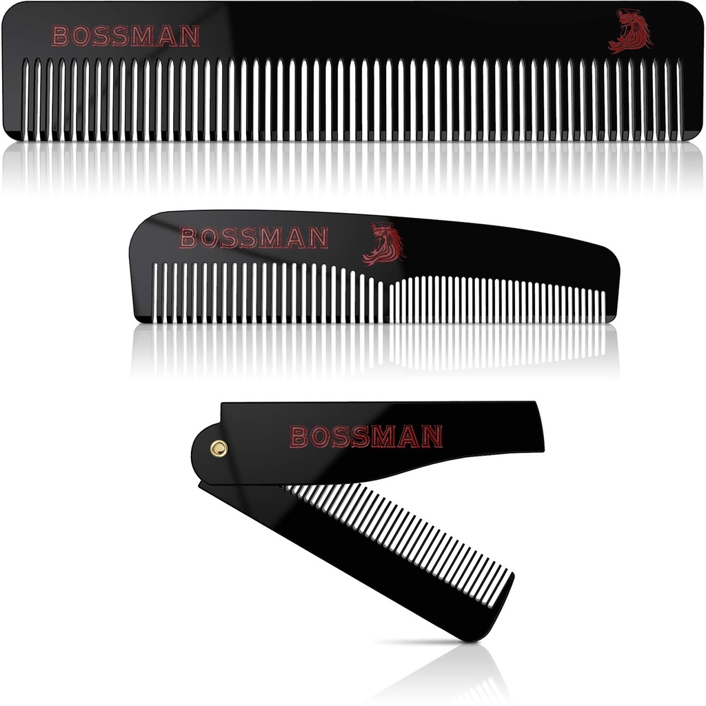 Bossman acetatno brado, Mustache, & las Comb Set 3 - Combs za moške z minimalističnim magnetnim poljem (7,5-inch, 5-inch, 3,5-inch) - Lastnosti zaokrožene zobe, dvojno sidrane zobe in upogljivo oblikovanje