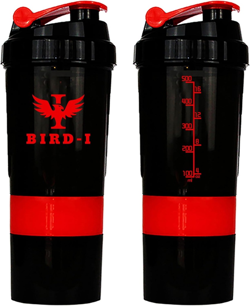 BIRD-I Gym Protein Shaker, 3-v-1, 500ml/16.9oz, BPA-free, Metal Mixer. (RED), JT4101
