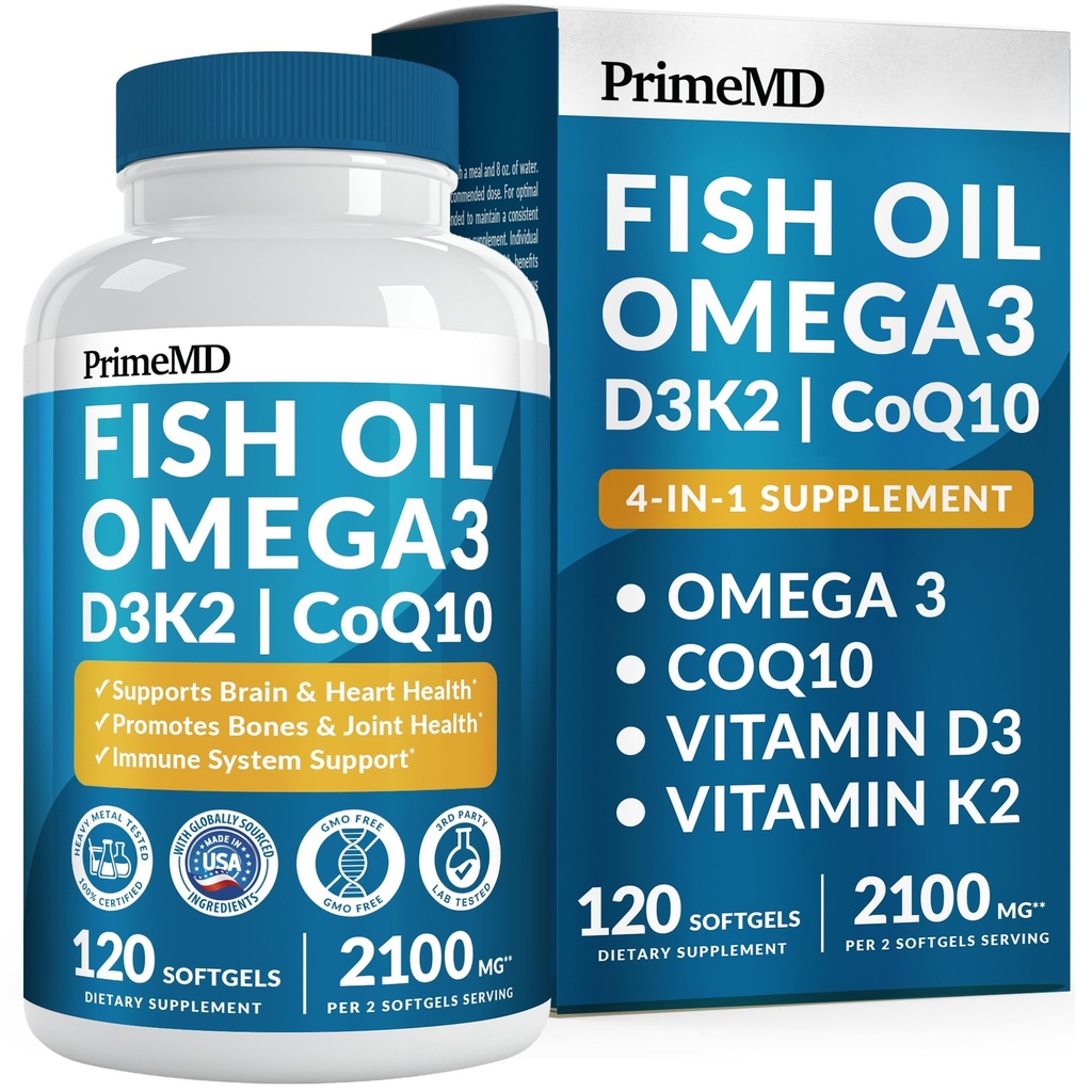 4-v-1 ribje olje Omega 3 Maščobni dodatki (2100mg) - Omega 3 ribje olje z vitaminoma D3 K2 in CoQ10 - limonina aroma (120 kapsul)