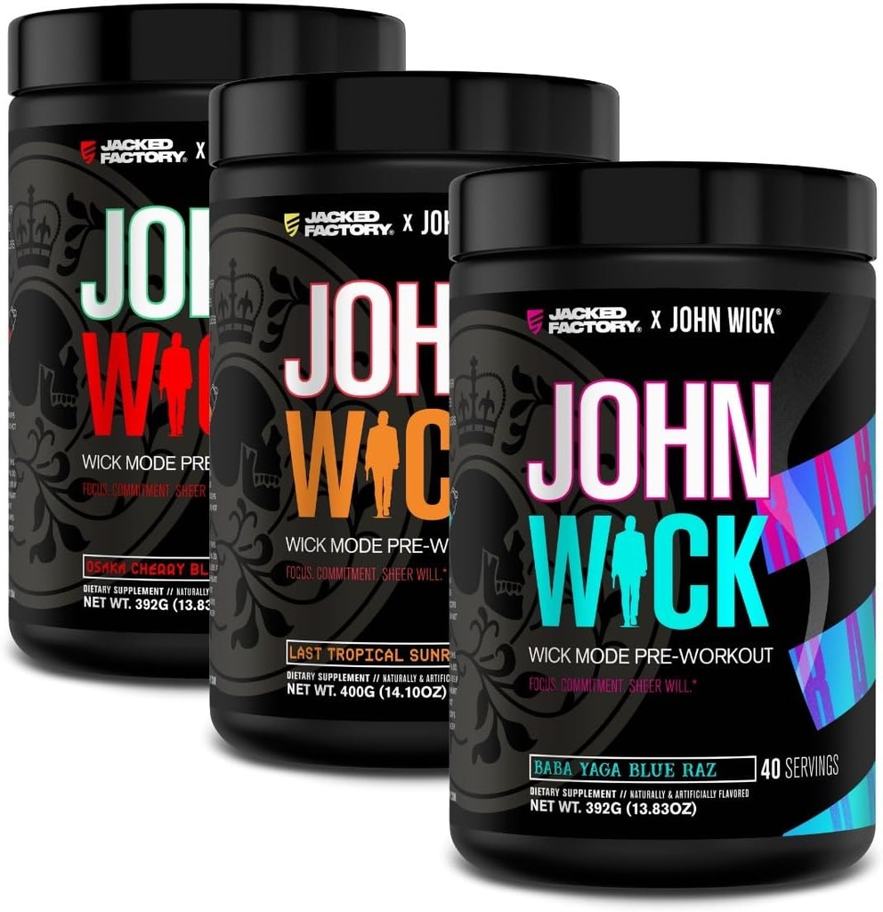 Jacked Factory X John Wick - Wick Mode Pre Workout Powder - intenzivna energija, bojno pripravljen fokus, neustavljiva zaveza in čista volja - 120 Serving (3-Pack)