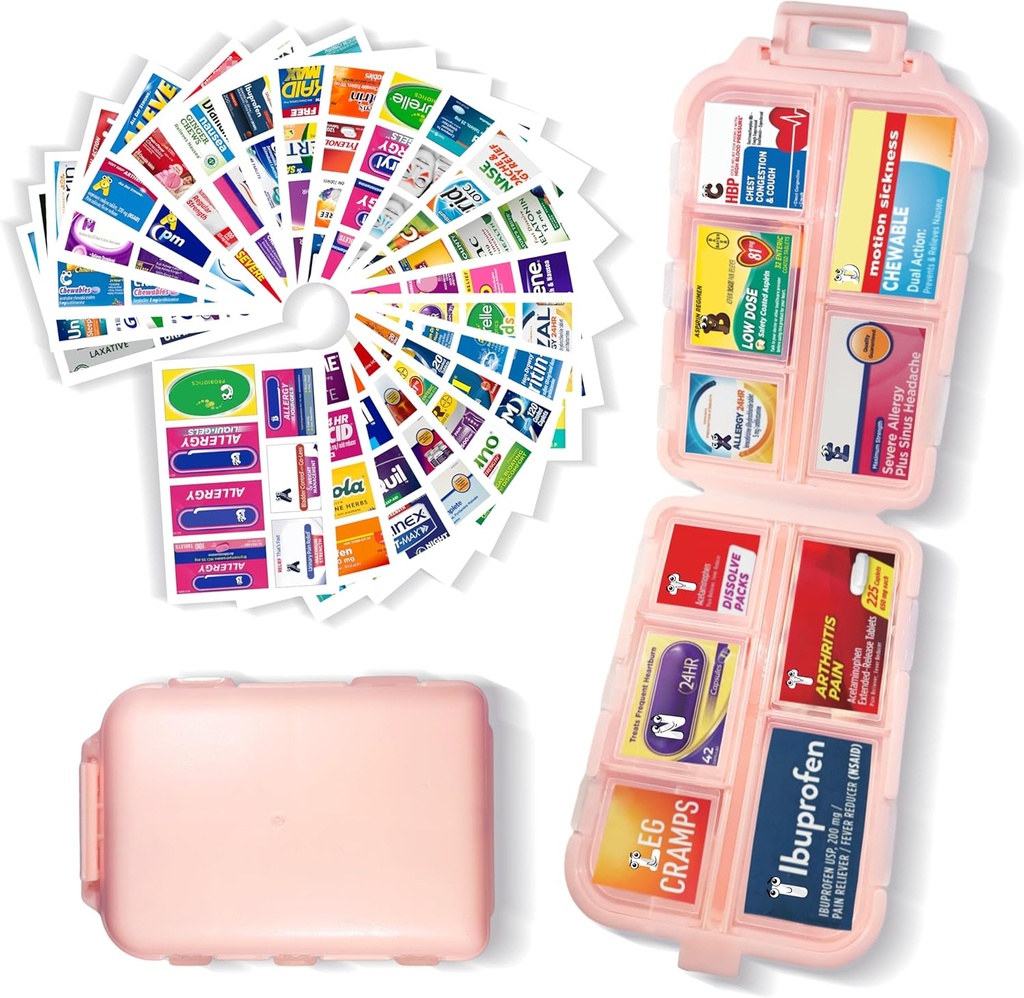 Organizator tablete z medicinskimi nalepkami 161 Nalepke Travel Daily Pill Container Mini Medication Organizator Skladiščenje tablete Organizator Travel Essentials Pill Primer 7 Day (Pink, 1 Pack)