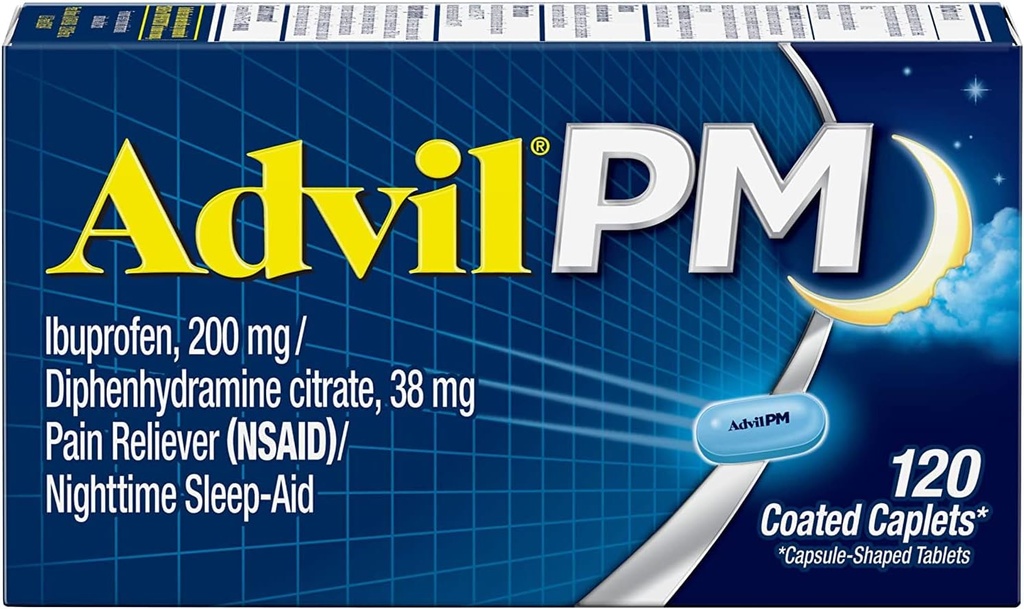 Advil PM (120 Count) Pain Reliever / Nighttime Aid Coated Caplet, 200mg Ibuprofen, 38mg difenhidramin (paket z 2)