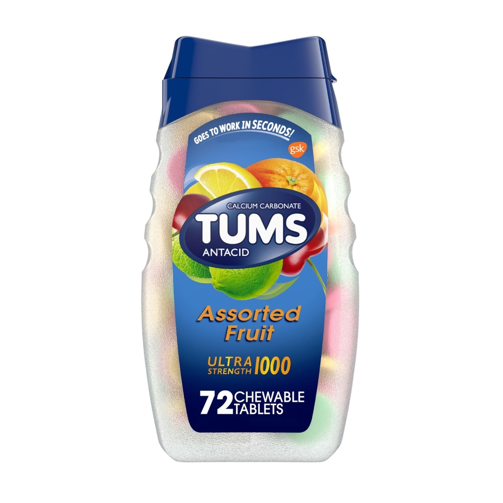 TUMS Ultra Strength Antacid Tablets for Chewable Heartburn Relief and Acid Indigestion Relief, Assorted Fruit - 72 Count