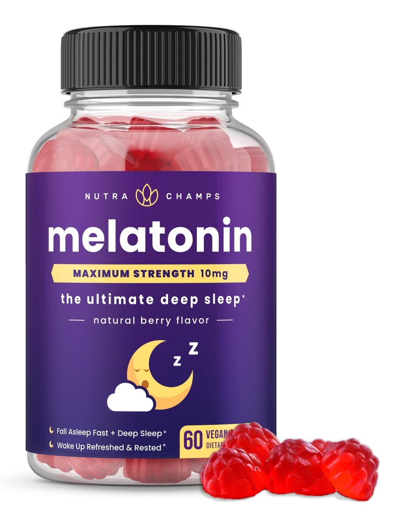 NutraChamps Melatonin Gummies za odrasle, Extra Streep Aid Vitamini, 5 mg ali 10 mg odmerek, Vegan naravne jagode Okus dodatek za boljše spanje, zdravo spanje ciklov, 60 Gummies
