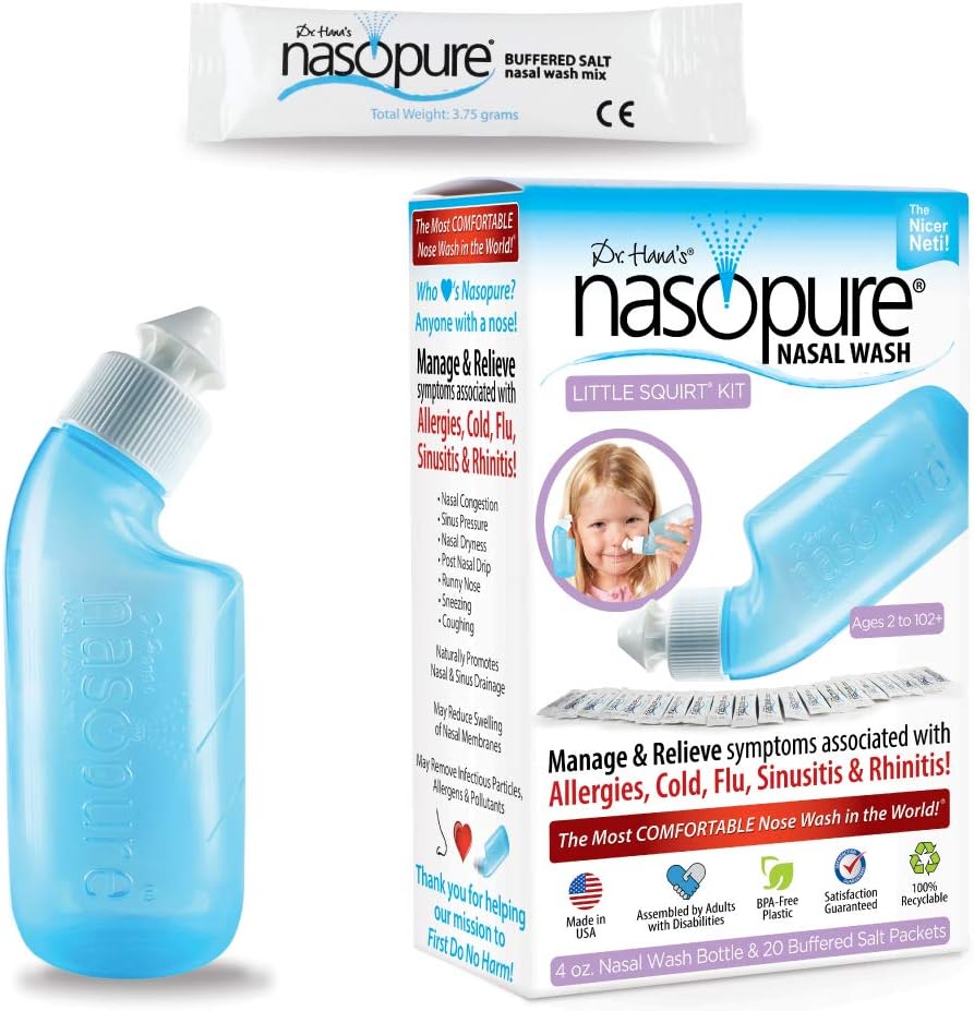 Nazopure Nazal Wash, mali Squirt Kit, “Nicer Neti Pot” Sinus Wash Kit, Udobno nosna izperi 4 Oz Steklenica & 20 Sol Packets (3,75 Gr vsak), Nasal Congestion, hladno, alergija, Nazal namakanje