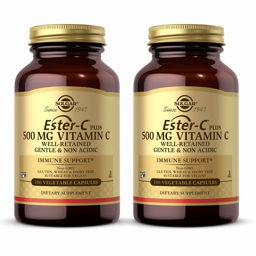 Solgar Ester-C Plus 500 mg Vitamin C (kompleks Askorbata) - 100 rastlinskih kapsul, pakiranje po 2 - antioksidant in imunodinamična podpora - ne- gensko spremenjeni organizmi, vegan, brez glutena, Košir - 200 skupnih servacij