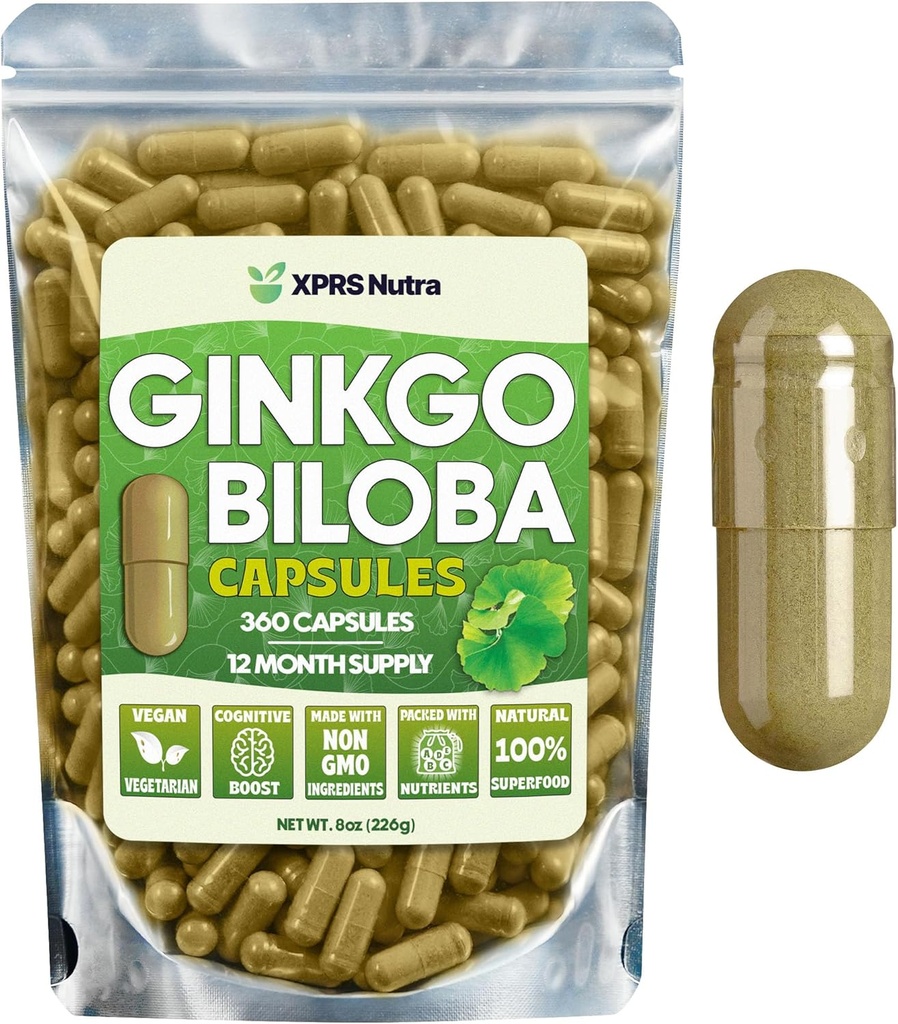XPRS Nutra Ginkgo Biloba Kapsule - Gingko Biloba Inkapsulirani dodatki za kognicijo - Veganska prijazna Ginkoba Biloba - imuniteta povečanje Ginkgo Biloba Kapsule - 360 Število