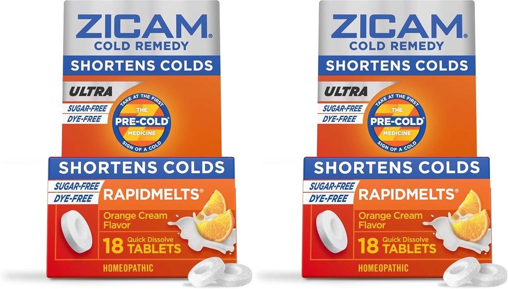 Zicam Ultra Cold Remedy Cink Rapidmel, Orange Cream Flavor, Homeopatic, Hladno skrajšanje Medicine, skrajša hladno trajanje, Sugar-free, Dye-free, 18 Število (Pack po 2)