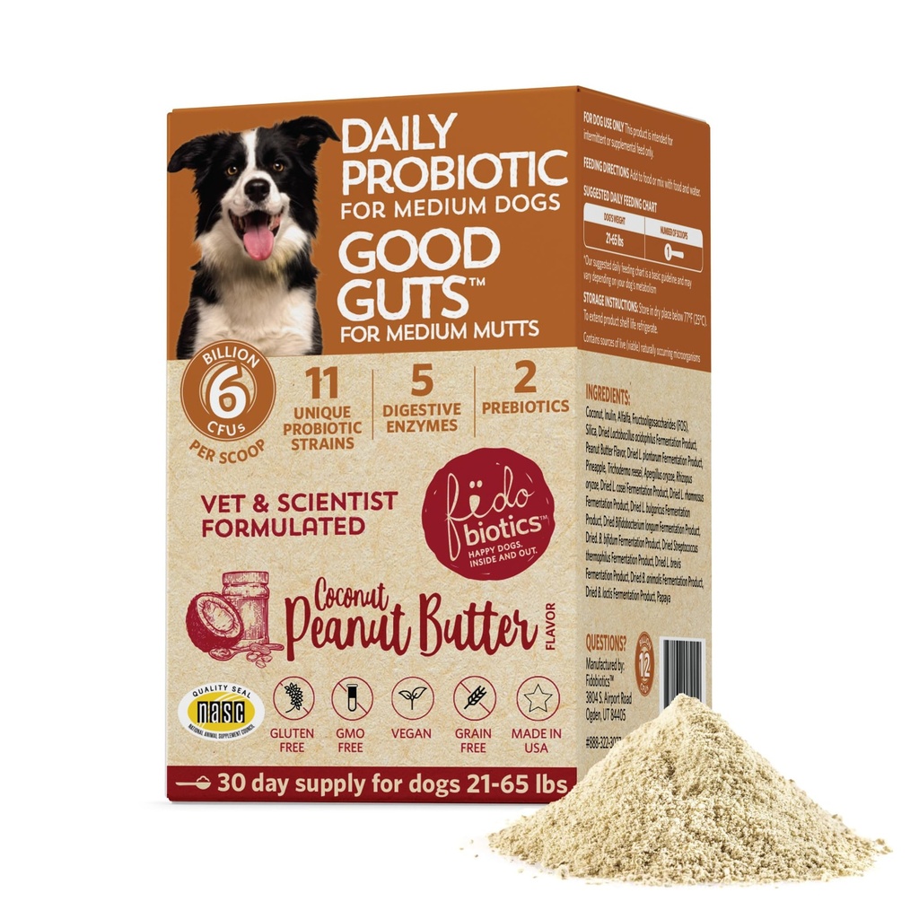 Fidobiotiki Dobra čreva za srednje mute Probiotik za pse, 6 milijard CFU, 11 sevi, 5 Prebavni encimi, 2 Prebiotiki, Pregestiv Gut Zdravje za pse, Adult & Puppy Probiotics Dopolnila (30 dni)