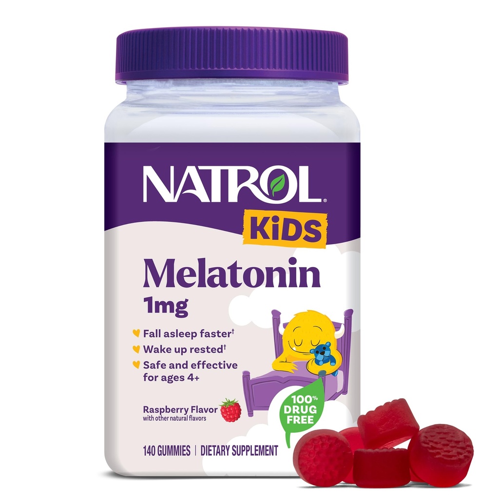 Natrol Kids Melatonin Gumies 1mg, Otroški Melatonin za mirno spanje, 140 Raspberry-Flavored Sleep Gumies, 140 Dnevna dobava
