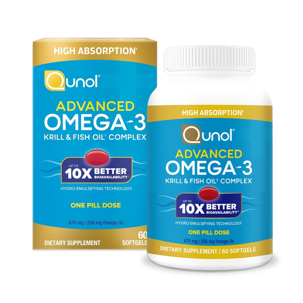 Qunol Advanced Omega 3 Krill in ribje olje kompleks, 10x Boljša biorazpoložljivost, Ena tableta odmerek, 250mg EPA & DHA, Podpira možgane, oči, srce in skupno zdravje, 60 Število (Pack po 1)