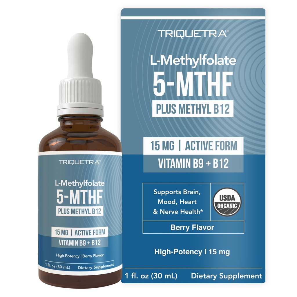 L Metil Folate 15mg Plus metil B12 Cofactor – Organski Berry Flavor, Visoka moč Tekoča Podjezična Aktivna 5-MTHF oblika - Podpira Mood, Metilacija, Kognicija – Bioaktivne oblike Vitamin B9 & B12 (1oz)