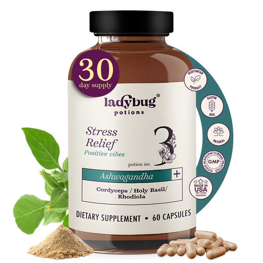 Organske tablete razpoloženja - 60 Kapsula Organic Ashwagandha Dodatki za ženske in moške, Ashwagandha Root Kapsule z Cordyceps, Sveti Basil & Rhodiola, zmanjšanje stresa, poveča razpoloženje in kognitivne funkcije