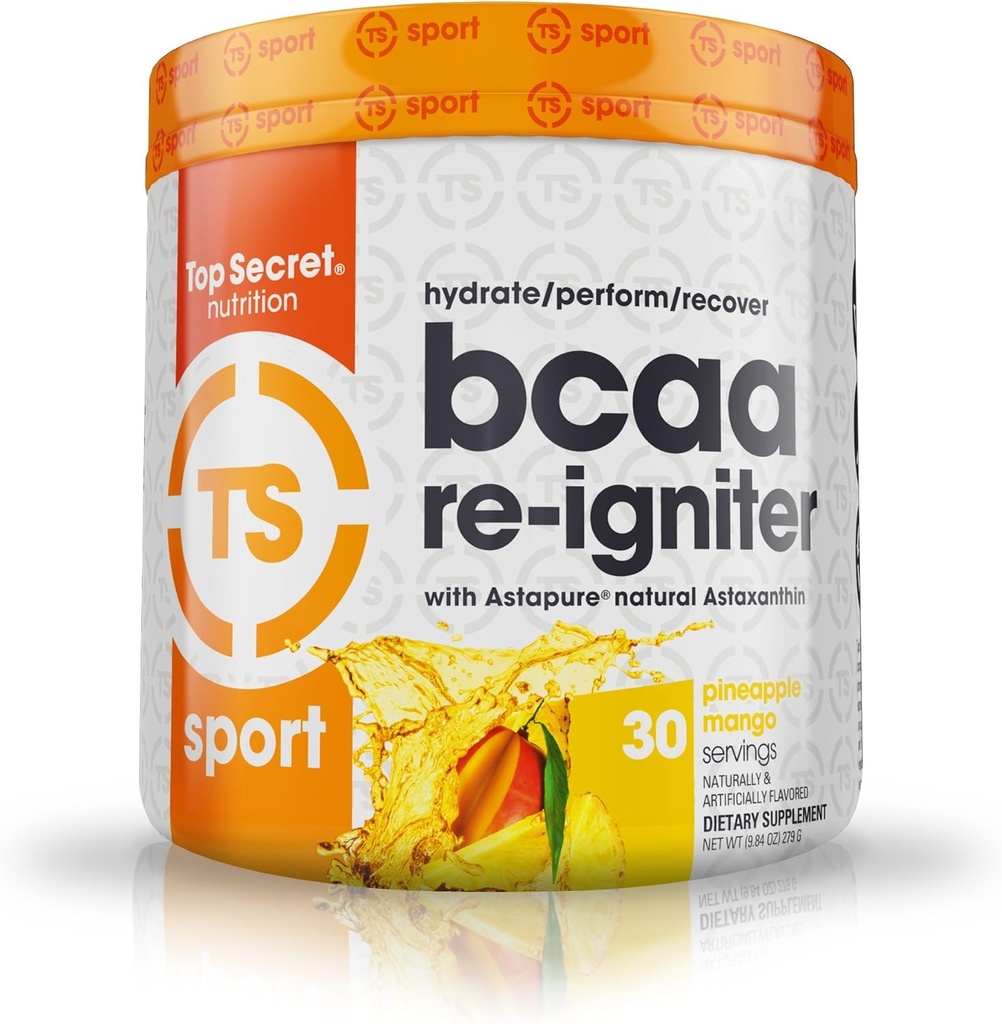 Top Secret Nutrition BCAA Re-Igniter Vegan Aminokisline dodatek z astaksantinom in elektrolitom, Hidracija Mešanica s kokosovo vodo, 9.84 oz (30 obrokov), Ananas mango