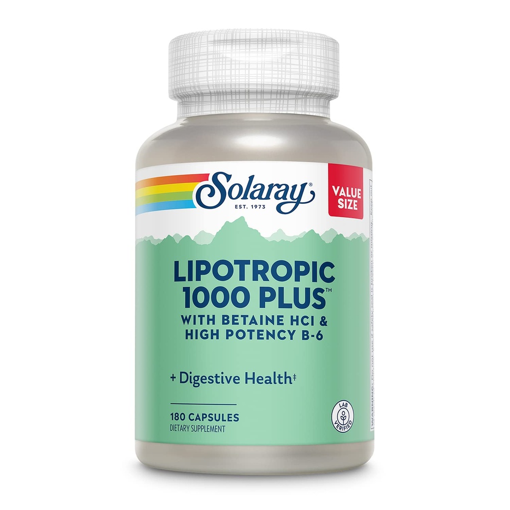 SOLARAY Lipotropic 1000 Plus z Betain HCl & High Potency B-6, zdravo prebavo, energijo in podporo za presnovo maščob, Lipotropni kompleks Plus Aloe Vera, 60 Day garancija, 30 Serving, 180 kapsul
