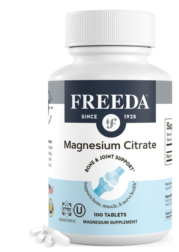 Freeda Magnezijev citrat 400 mg Obložene tablete – visoka absorpcijska dopolnila za mišice, živec in sprostitev podpora – Vegan, Gluten-free, Kosher – 100 Število