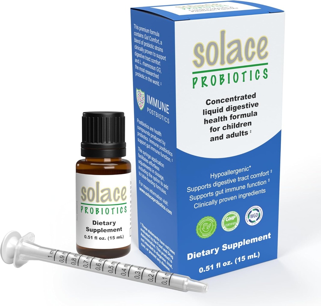 Solace Probiotics Liquid Formula za odrasle in otroke - Koncentrirana mešanica za digestivno zdravje in imuniteto, klinično raziskano, Easy Brizge uporabe, Hypoallergenic - 15ml