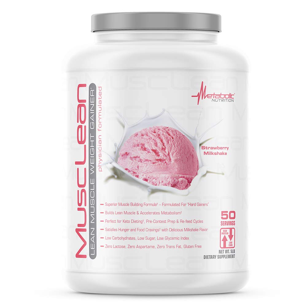 Presnovna prehrana - Musclean - Milkshake, Whey High Protein Meal Nadomestek, Vzdrževalna prehrana, Nizki ogljikovi hidrati, Keto prehrana, Prebavni encimi, Jagoda, 5 Pound (50 serov)