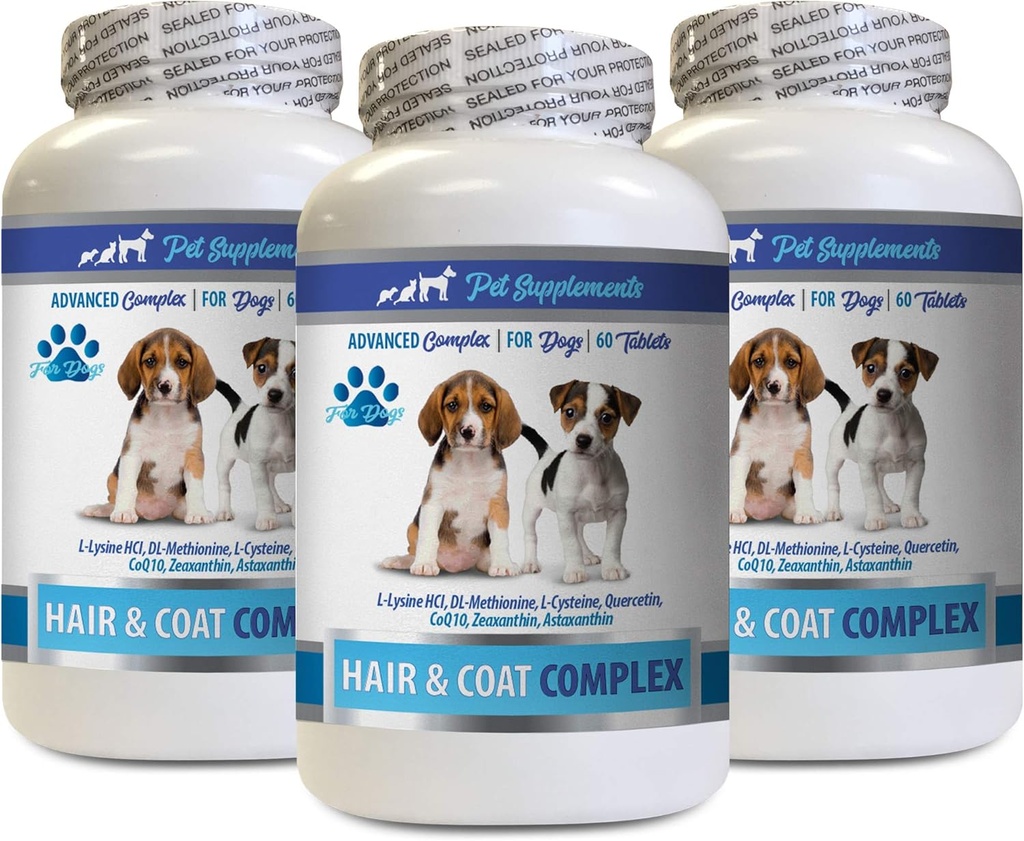 Antivnem za pse - Dog Hair and Coat Complex - Srbečica Relief - Imunska podpora - Vitamini in minerali - Dog Vitamin e dodatek - 3 steklenice (180 Zdravljenja)