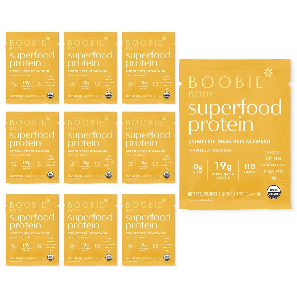 Boobie Body Superfood Protein Shake za mame, nosečnost in dojenje podpora Protein Powder za povečanje ponudbe mleka, Probiotiki, Organic, Dairy-free, Gluten-free Vegan Vanilla Cookie Single Srv 10pk