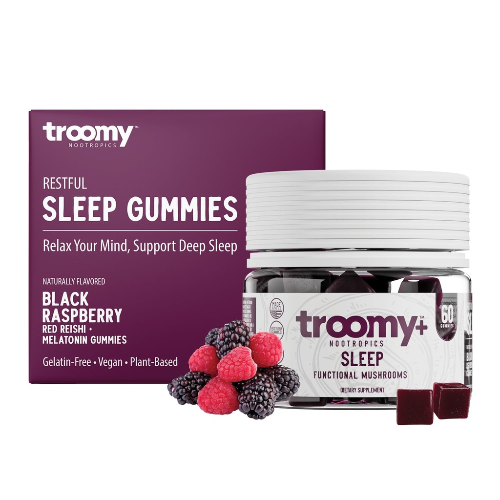 Troomy Sleep Reishi + Melatonin Great Degusting gobe Gumies - Podpira nemirno spanje & zmanjšanje stresa - Črna malina - 60 Count